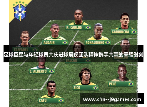 足球巨星与年轻球员共庆进球展现团队精神携手共赢的荣耀时刻