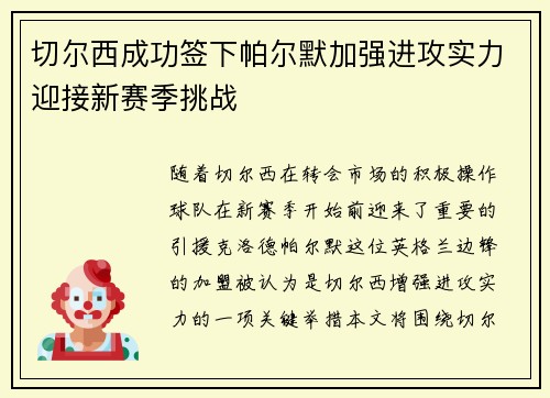切尔西成功签下帕尔默加强进攻实力迎接新赛季挑战